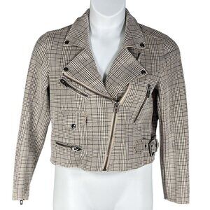 BlankNYC S Windowpane Plaid Moto Jacket Asymmetrical Zip Pockets Faux Suede Chic